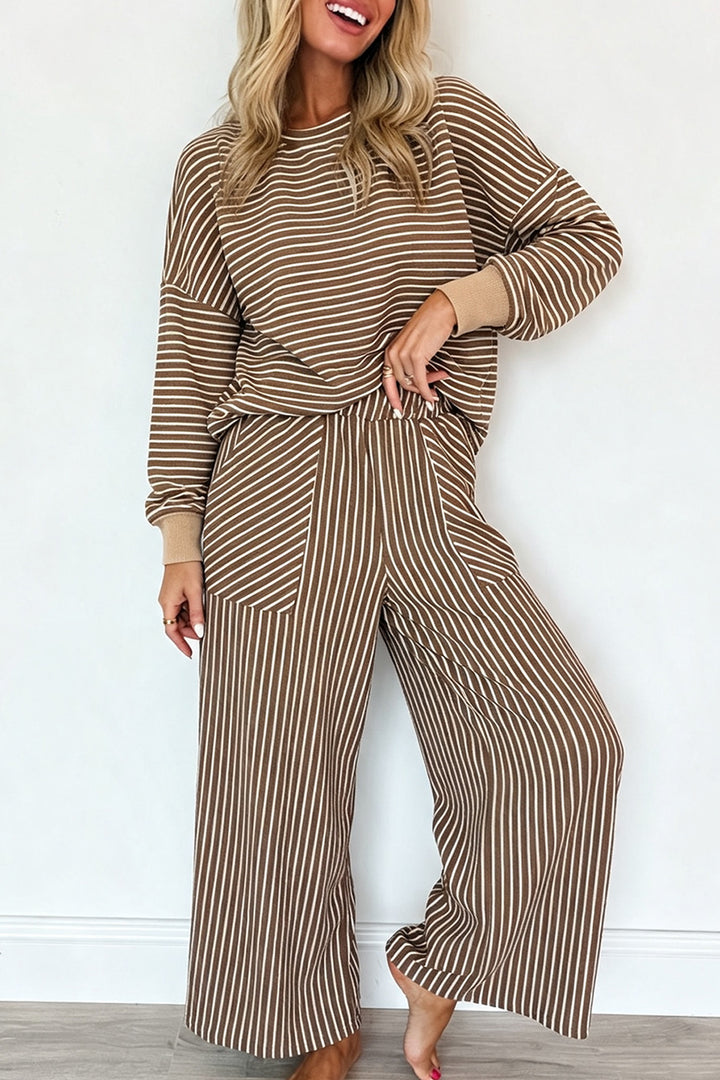 Black Stripe Drop Shoulder Relaxed Pullover Casual Pants 2pcs Set