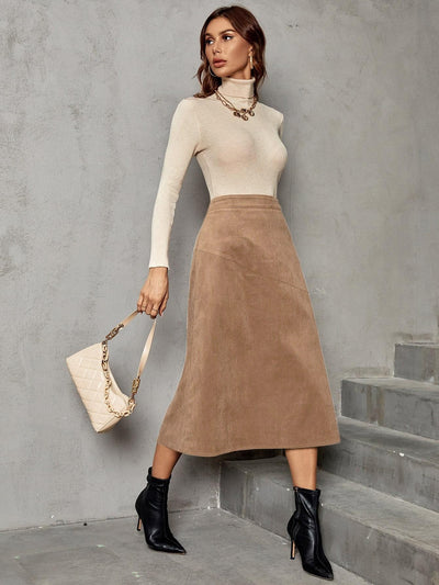 Solid High Waist Midi Skirt