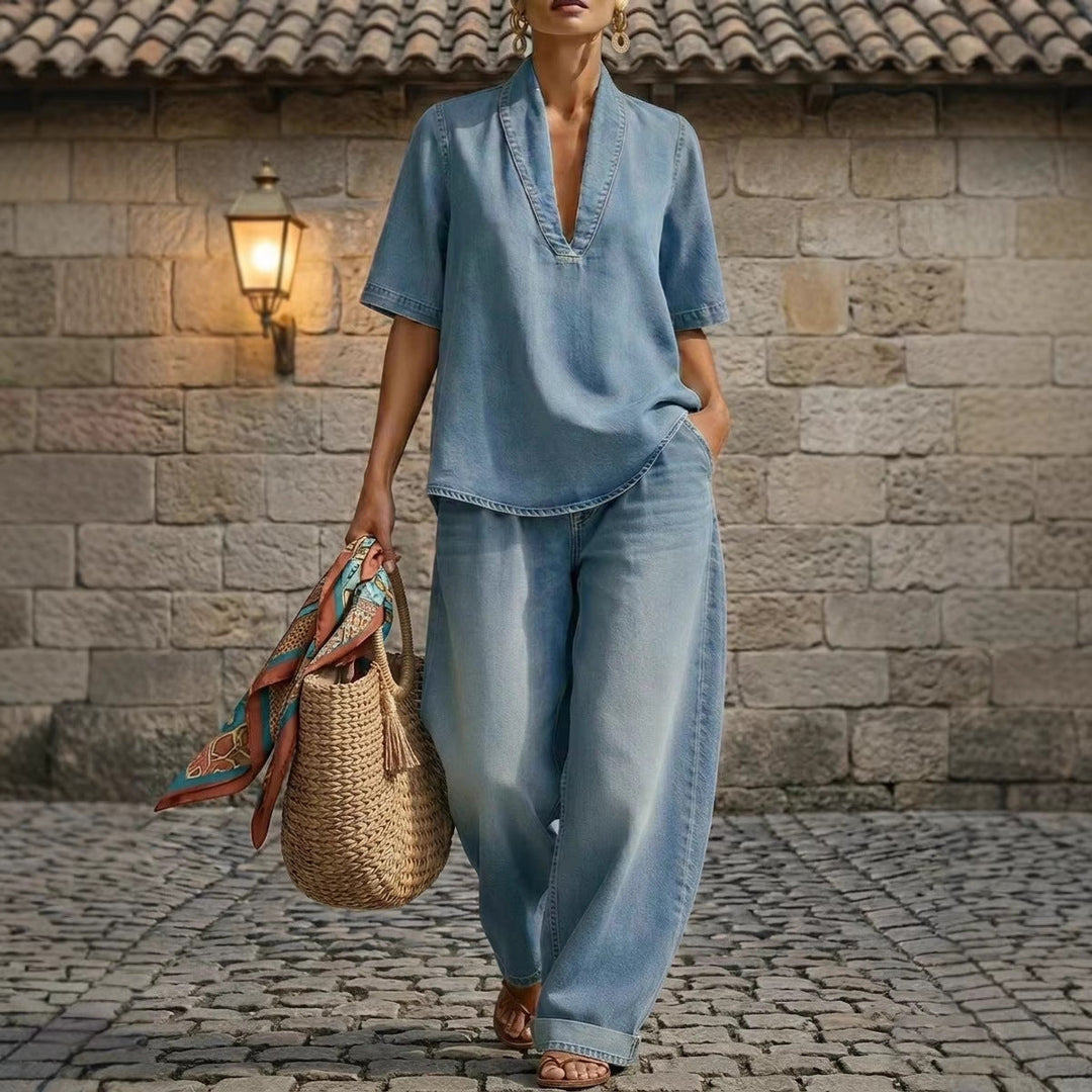 Retro V-Neck Washed Denim Top &amp; Wide-Leg Pants Set – 3 Colors, S–3XL