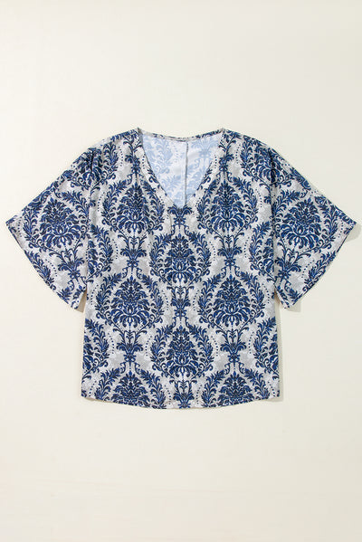 Blue Vintage Flower Three Quarter Sleeve V Neck Blouse