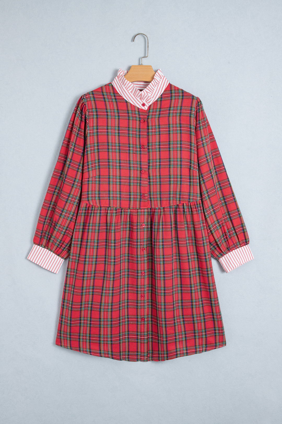 Red Plaid Striped V Neck Collar Cuff Details Shift Plus Size Dress
