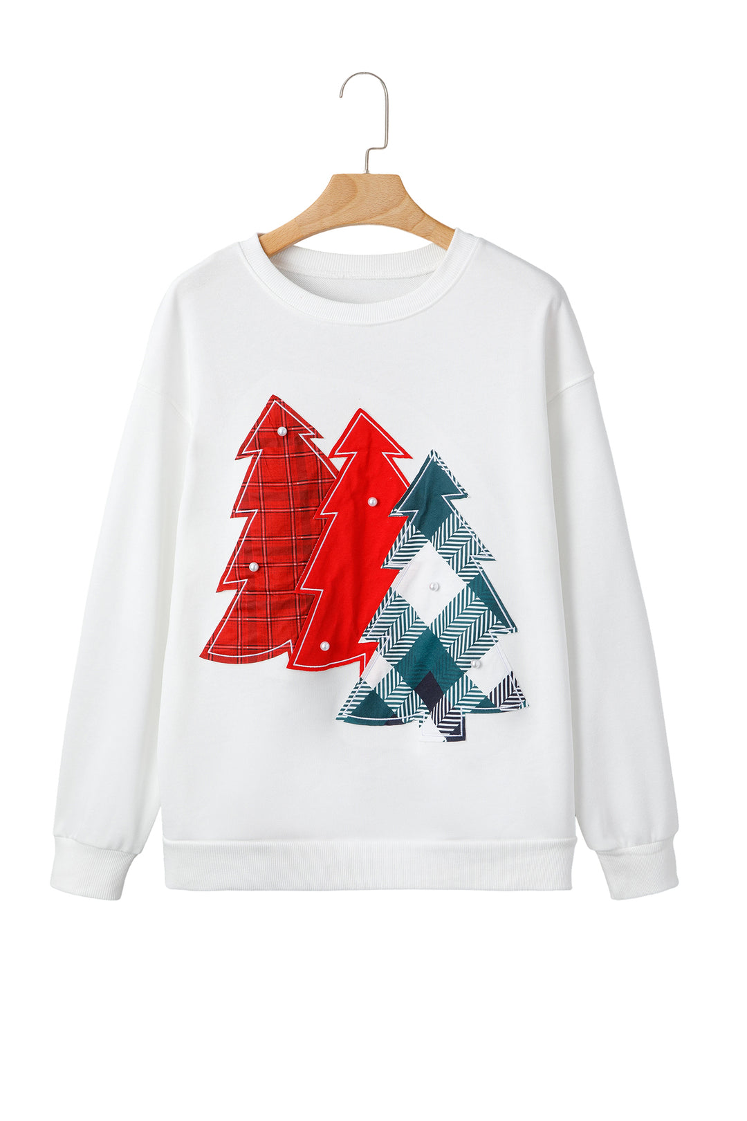 White Pearl Plaid Christmas Tree Patched Drop Shoulder Sweatshirt