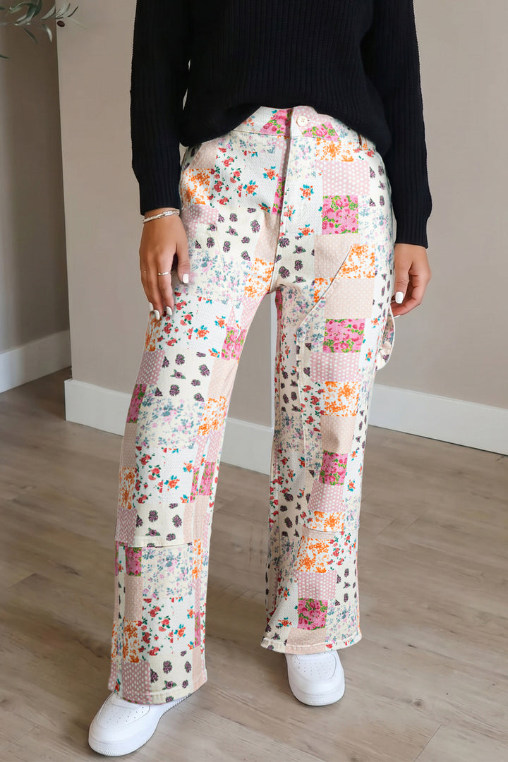 Pink Floral Patchwork Wide Leg Full Length Jeans