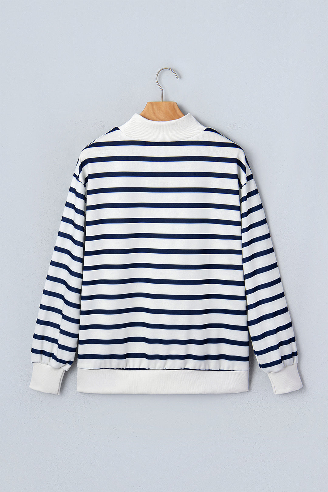 Blue Stripe Striped Stand Neck Long Sleeve Ribbed Cuff Hem Sweatshirt