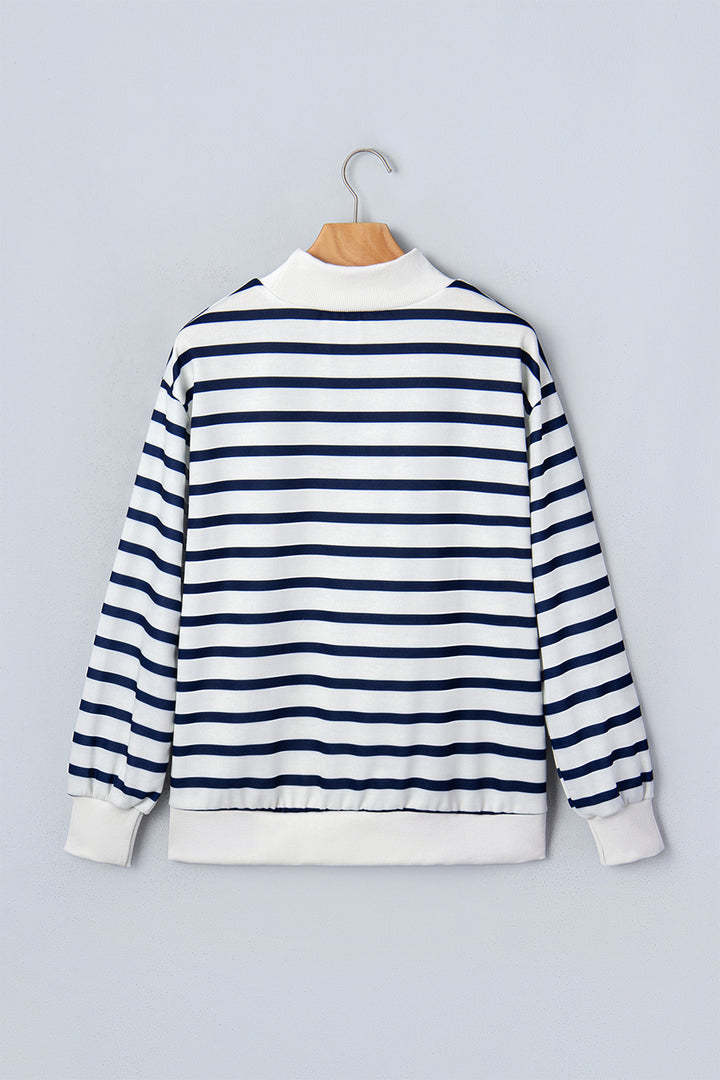 Blue Stripe Striped Stand Neck Long Sleeve Ribbed Cuff Hem Sweatshirt