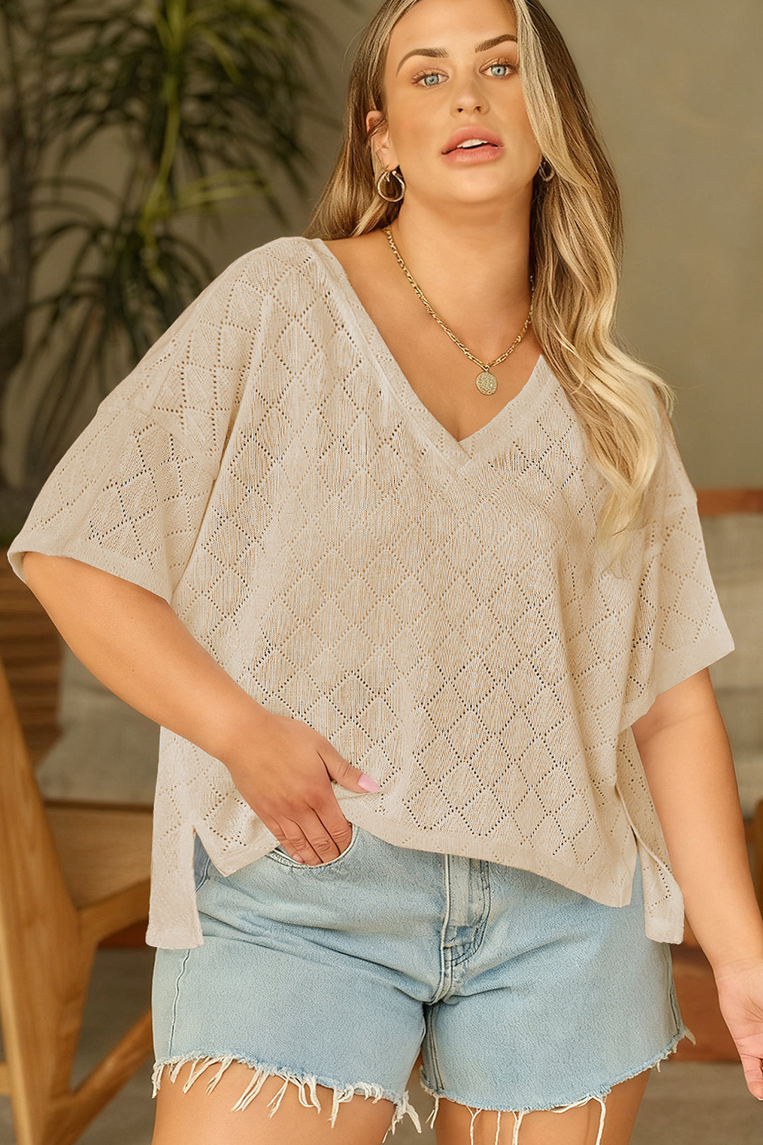 Golden Fleece Pointelle Rhombus Knit Plus Size V Neck Loose Top