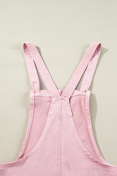 Pink Solid Color Knot Straps Denim Romper with Pockets