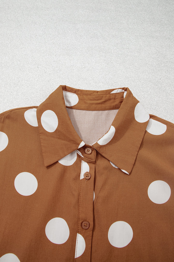 Brown Polka Dot Button Front Long Sleeve Shift Dress