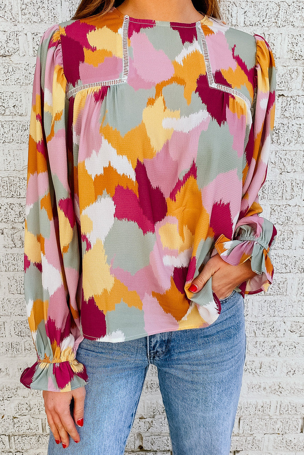 Multicolor Abstract Printed Long Sleeve Blouse