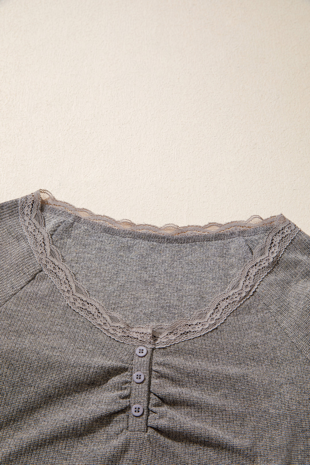 Medium Grey Solid Color Ribbed Lace Trim V-Neck Button Detail Long Sleeve Top