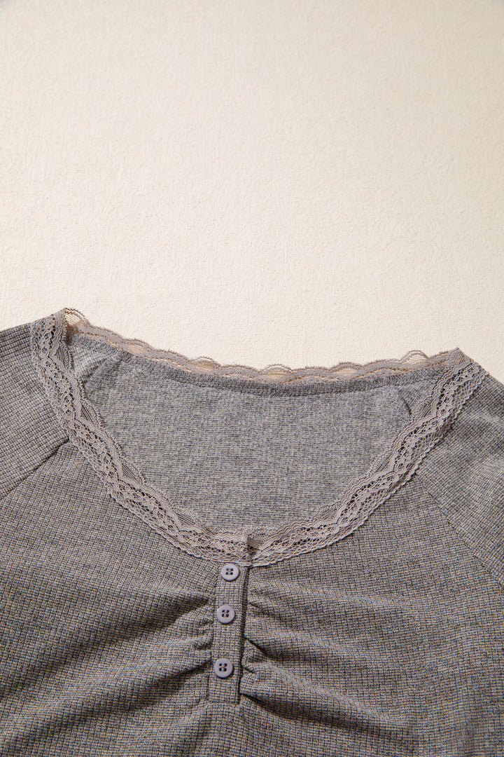 Medium Grey Solid Color Ribbed Lace Trim V-Neck Button Detail Long Sleeve Top
