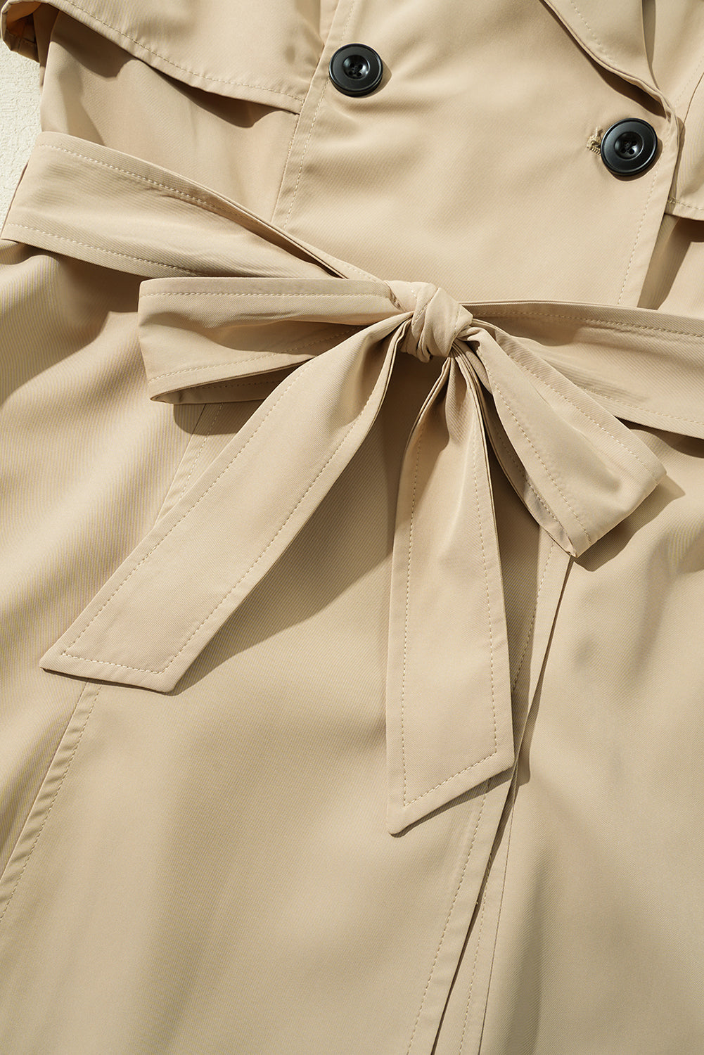 Pale Khaki Solid Color Lapel Collar Waist Tie Wind Coat