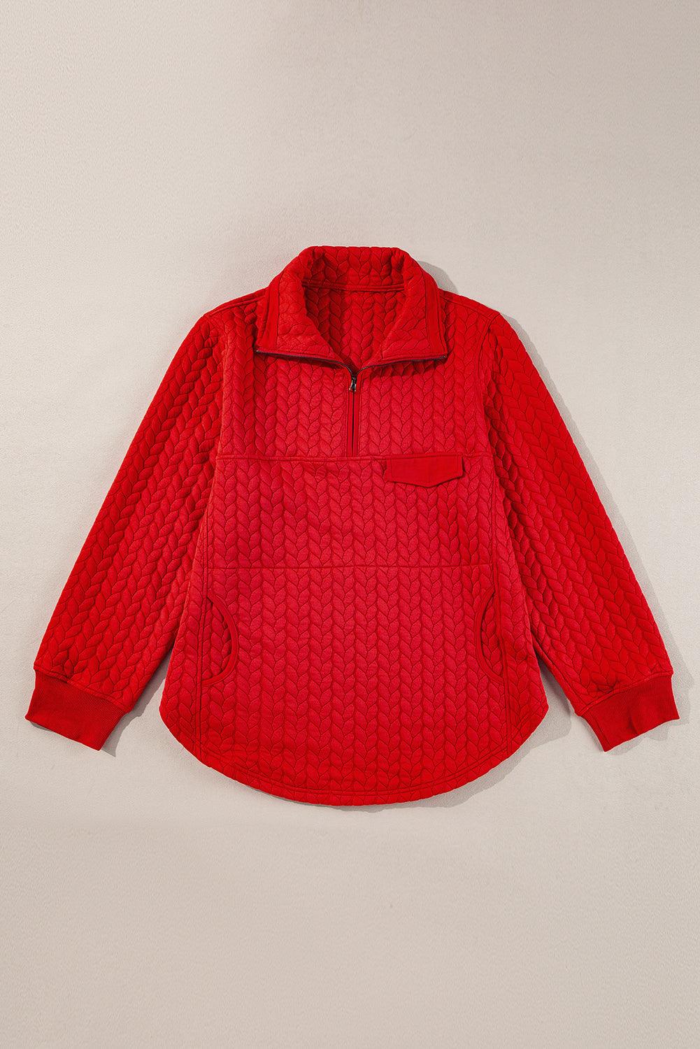 Tomato Red Cable Textured Quarter Zip Pocketed Plus Size Pullover