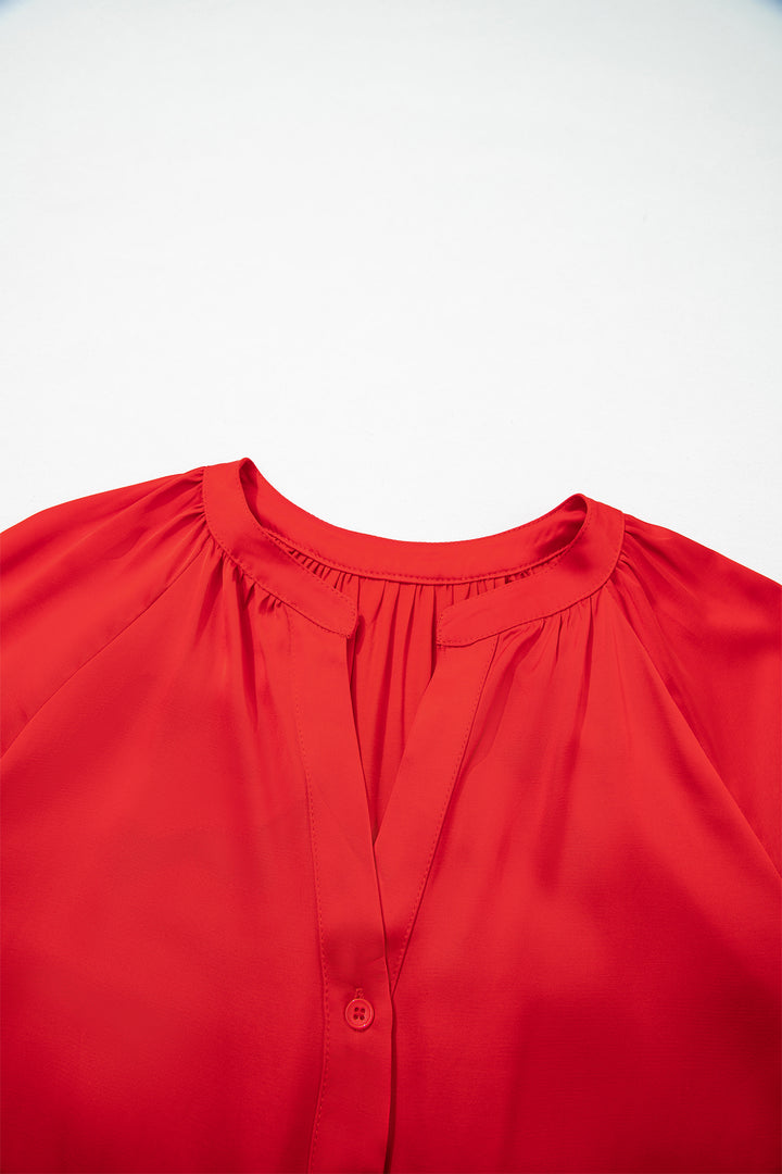 Fiery Red Patchwork Lace Long Sleeve V Neck Button Front Shirt