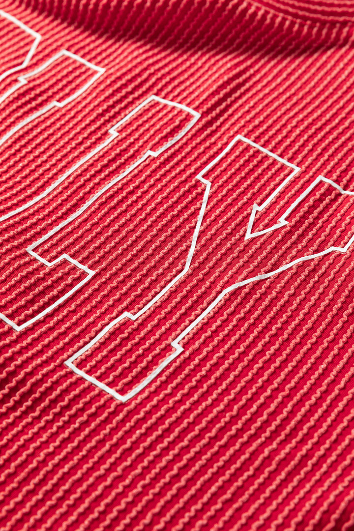 Evergreen Twisted Rib Outlined Merry Letter Graphic Loose Long Sleeve Top