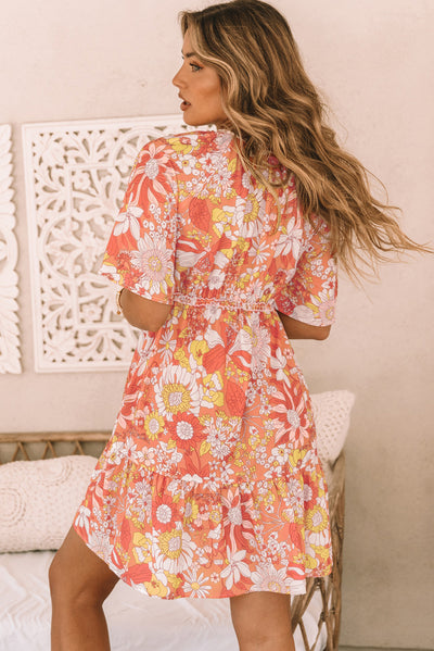 Orange Wide Flutter Sleeve Floral Dress