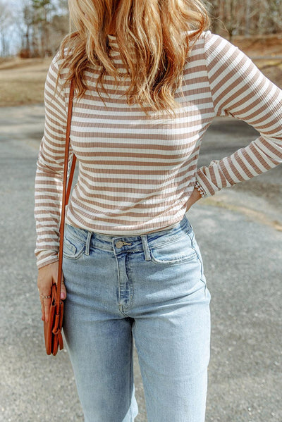 Striped Print Textured Knit Long Sleeve Tee