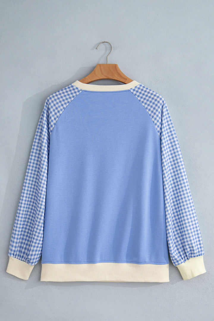 Beige Plaid Sleeve Colorblock Raglan Pullover Sweatshirt
