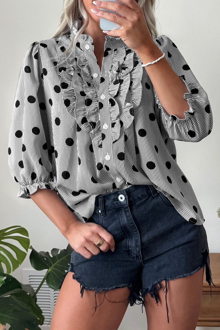 Black white Polka Dot Striped Print Ruffle Stand Neck 3/4 Sleeve Shift Shirt