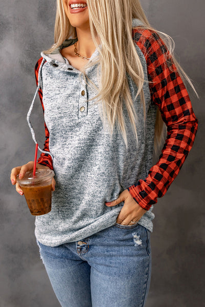 Red Plaid Splicing Kangaroo Pocket Buttoned Hoodie