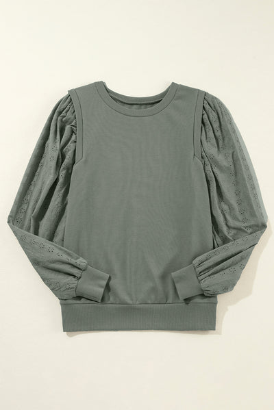 Grayish Green Solid Patchwork Sleeve Round Neck Sweatshirt