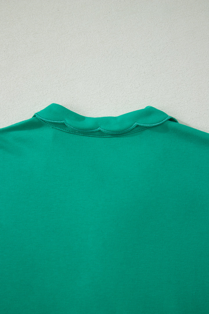 Sea Green Solid Color Snap Button Polo Collar Short Sleeve Scallop Hem Mini Dress