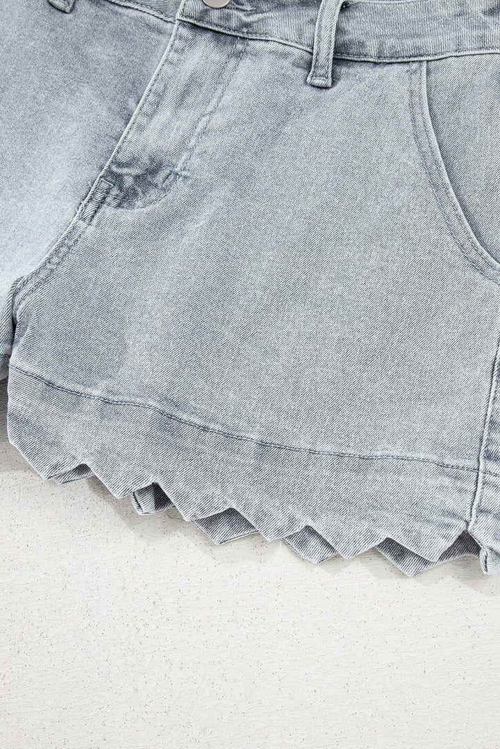 Scalloped Acid Wash High Waist Denim Shorts