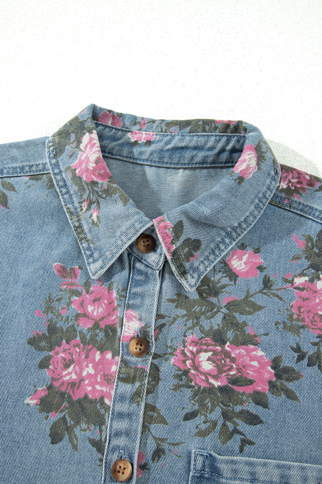 Sky Blue Floral Print Raw Seam Ruffle Hem Denim Jacket