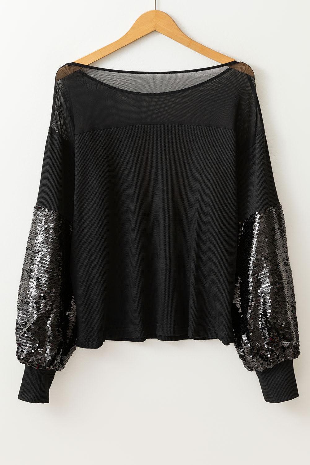 Black Sequin Patchwork Lantern Sleeve Blouse