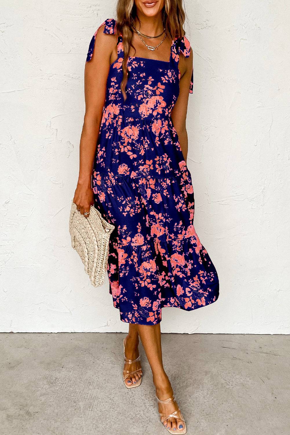 Blue Tie Shoulder Straps Tiered Floral Dress