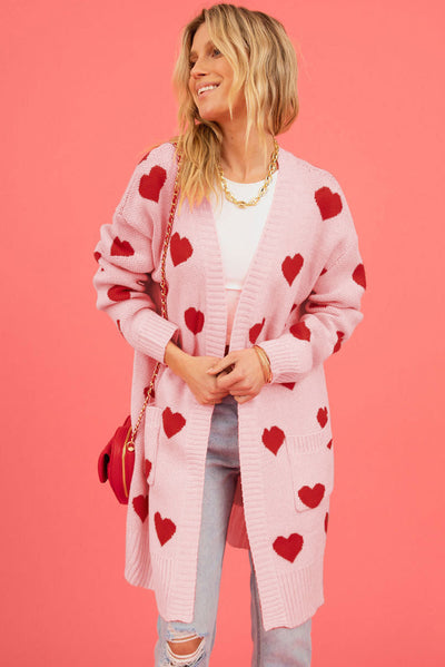 Light Pink Valentine's Day Heart Pattern Ribbed Trim Open Front Cardigan