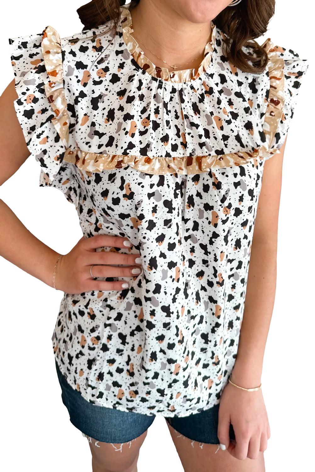 White Frilly Trim Leopard Animal Spots Blouse