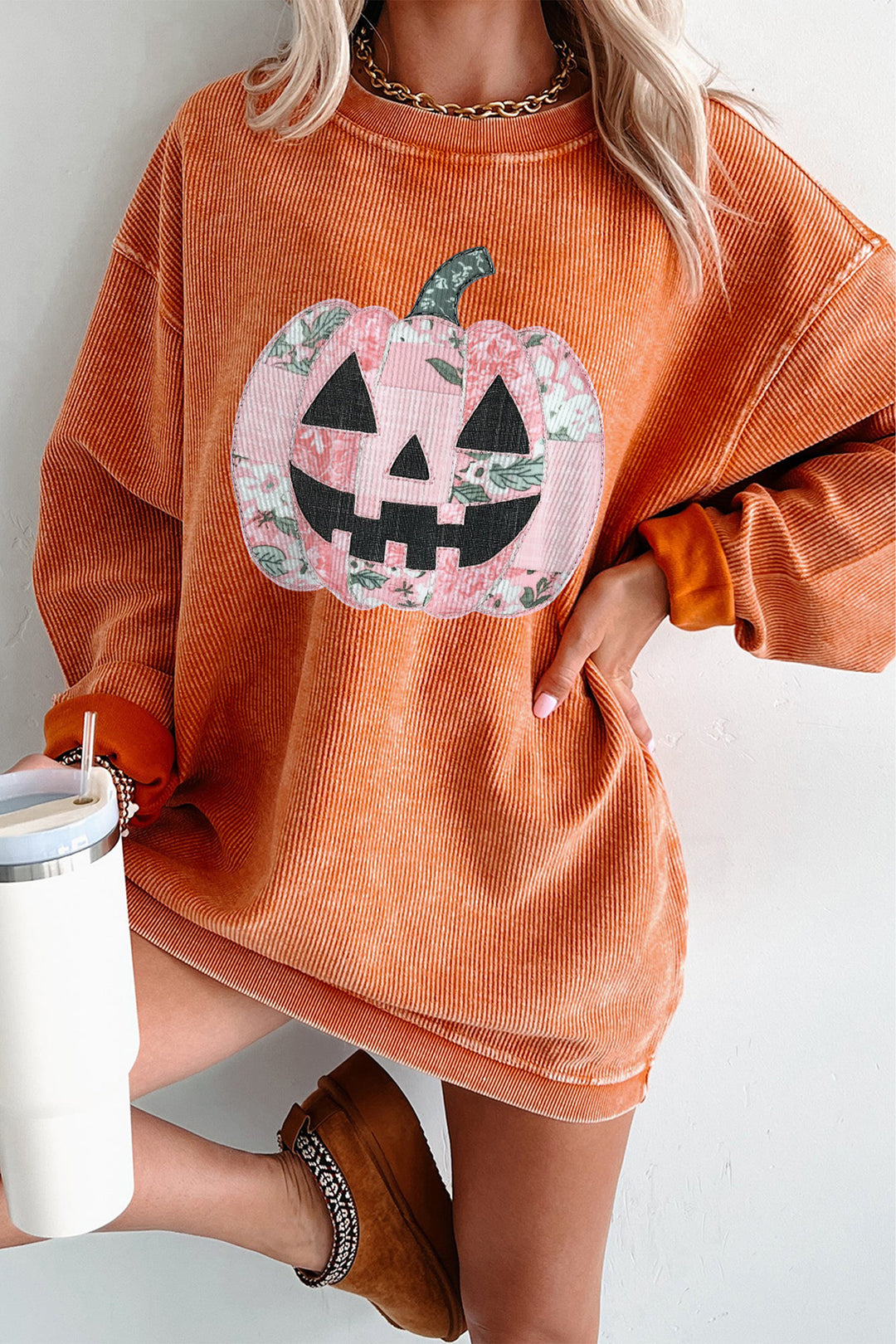 Orange Patchwork Pumpkin Graphic Corded Ribbed Round Neck Tunic Sweatshirt