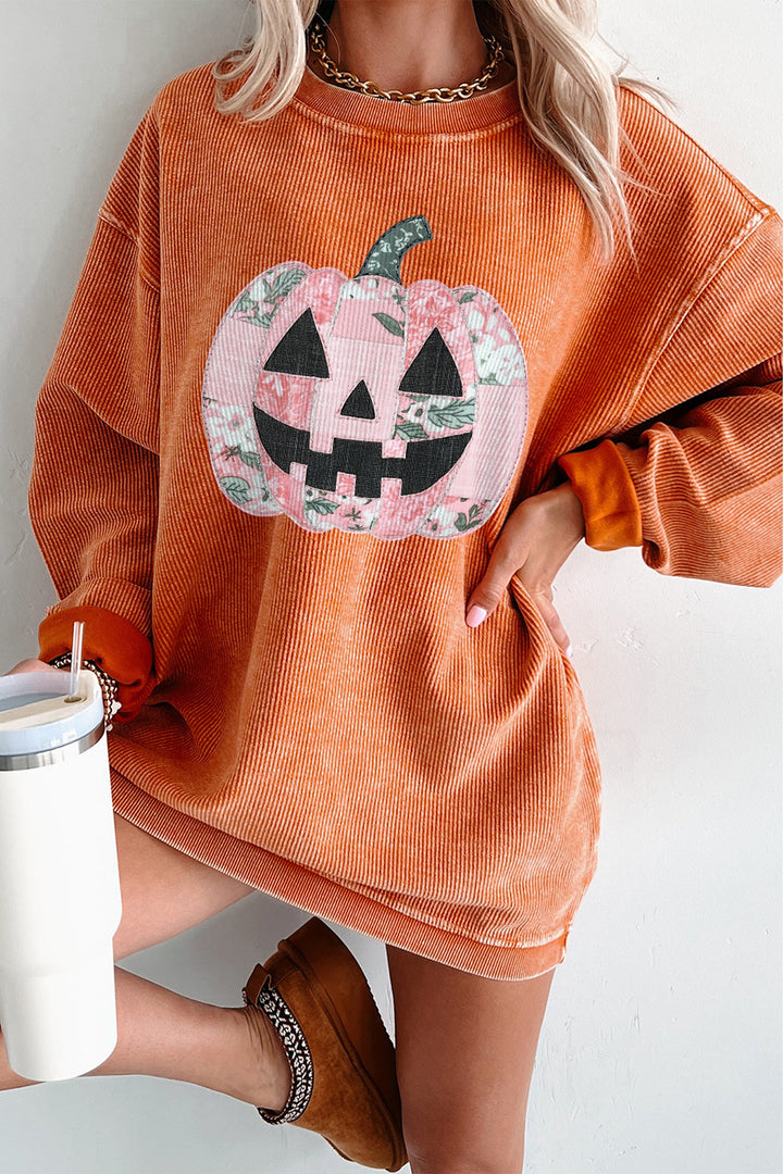 Orange Patchwork Pumpkin Graphic Corded Ribbed Round Neck Tunic Sweatshirt
