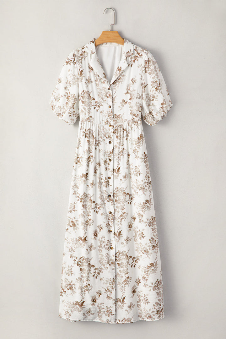 Iliana Floral Puff Sleeve V Neck Buttoned Front Maxi Dress