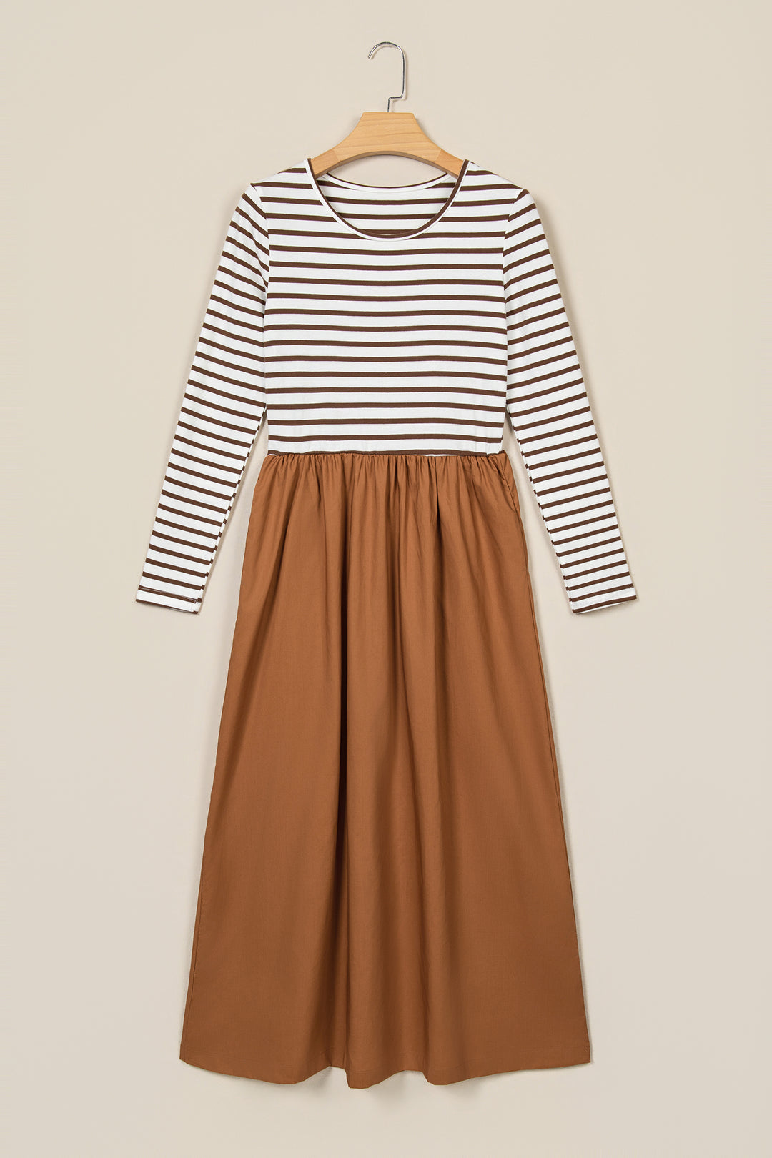 Brown Stripe Ribbed Knit Long Sleeve Bodice Contrast Patchwork Flared Dress