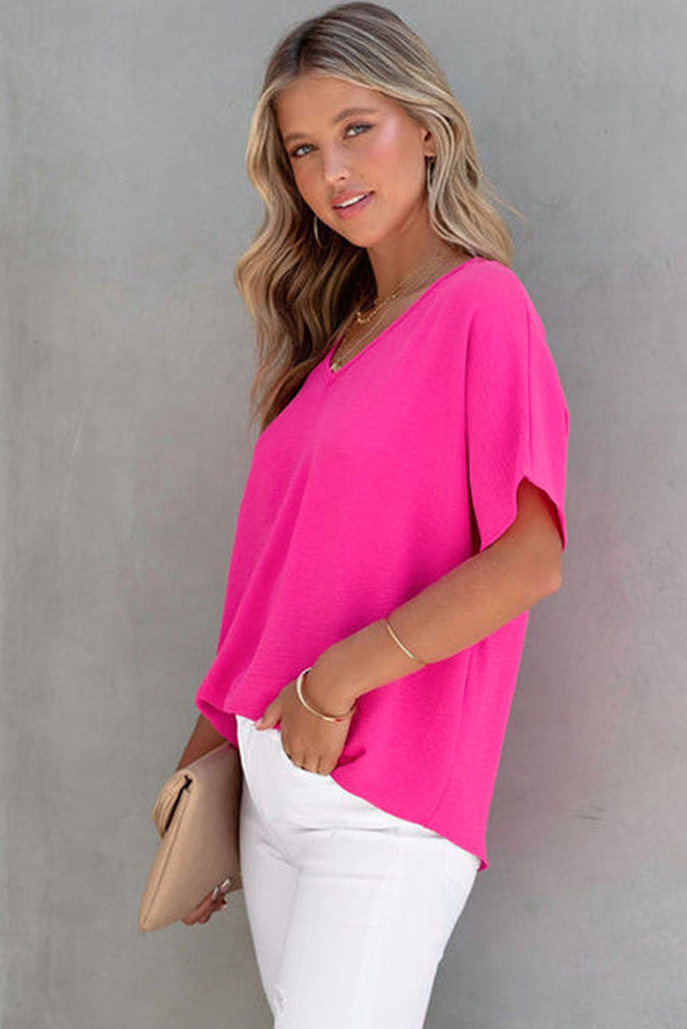 Rose Solid V Neck Short Sleeve Blouse