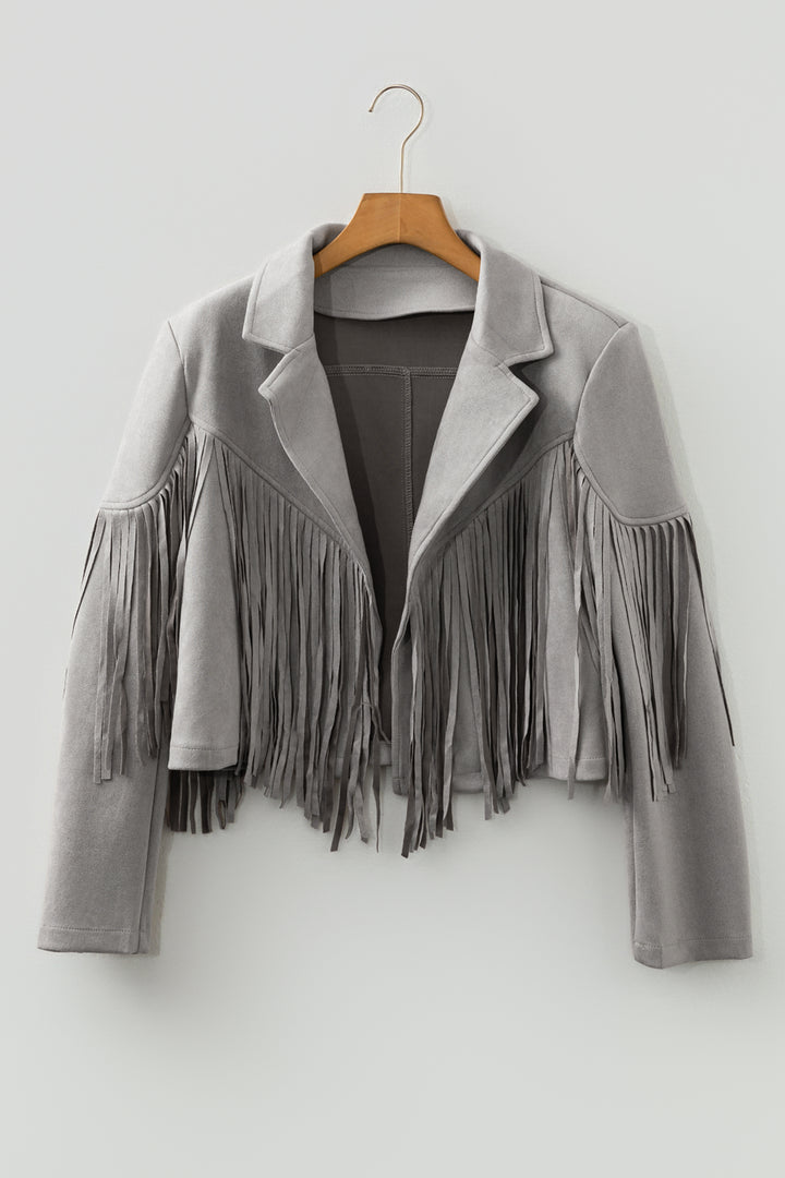 Gray Cropped Fringe Faux Suede Jacket