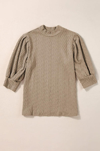 Simply Taupe Vintage Textured Puff Sleeve Mock Neck Top