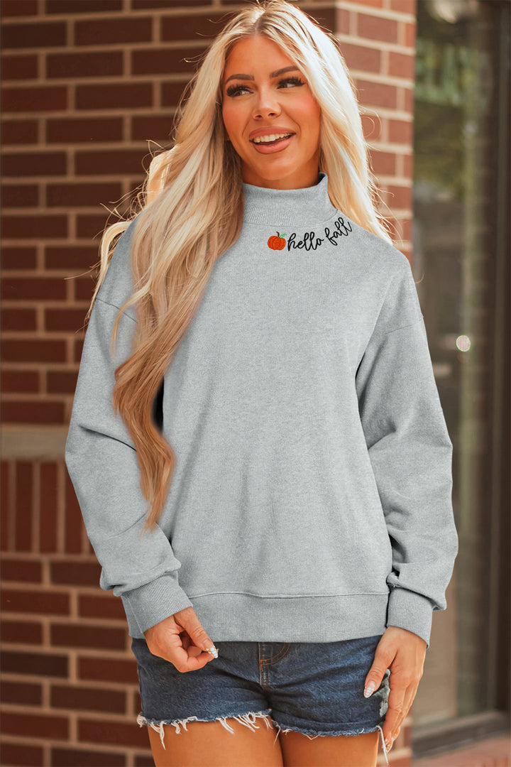 Gray hello fall Embroidered Pumpkin Detail Mock Neck Sweatshirt