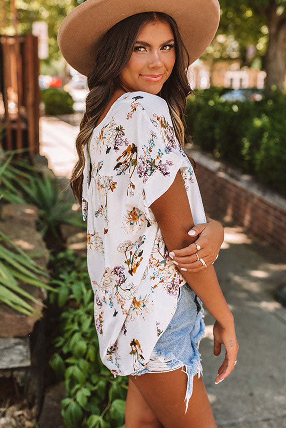 White Floral Ruffled Short Sleeve Back Knot Blouse