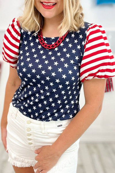 Navy Blue 4th Of July Stars Stripes Puff Sleeve T Shirt