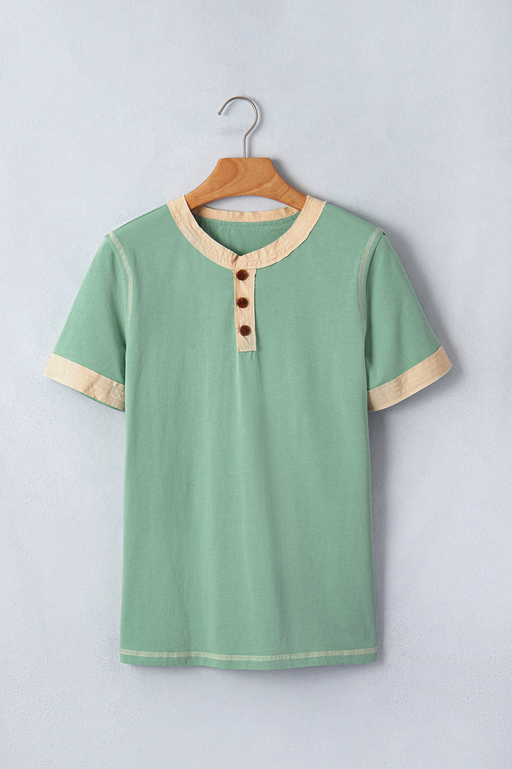 Light Grey Raw Seam Color Block Detail Buttoned Henley Tee