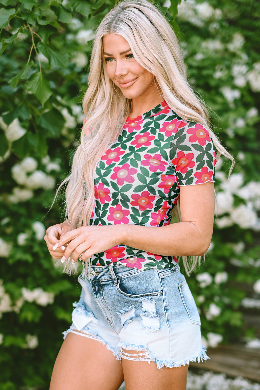 Fiery Red Retro Floral Print Crew Neck T Shirt