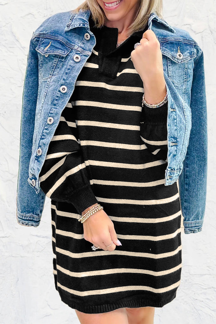 Black Stripe Polo Collar Puff Sleeve Sweater Mini Dress