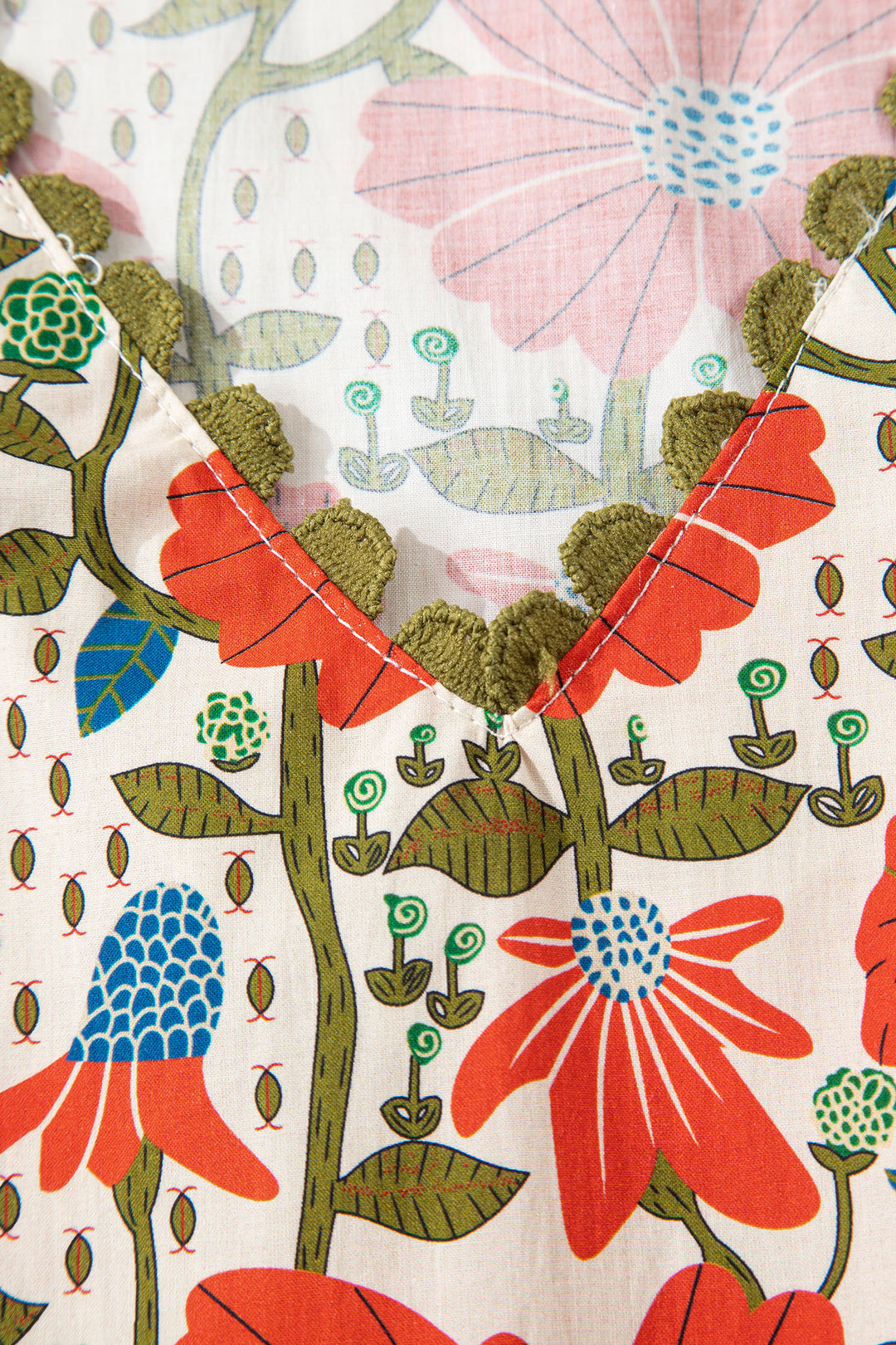 Red Floral Print Ricrac Trim V Neck 3/4 Sleeve Loose Mini Dress