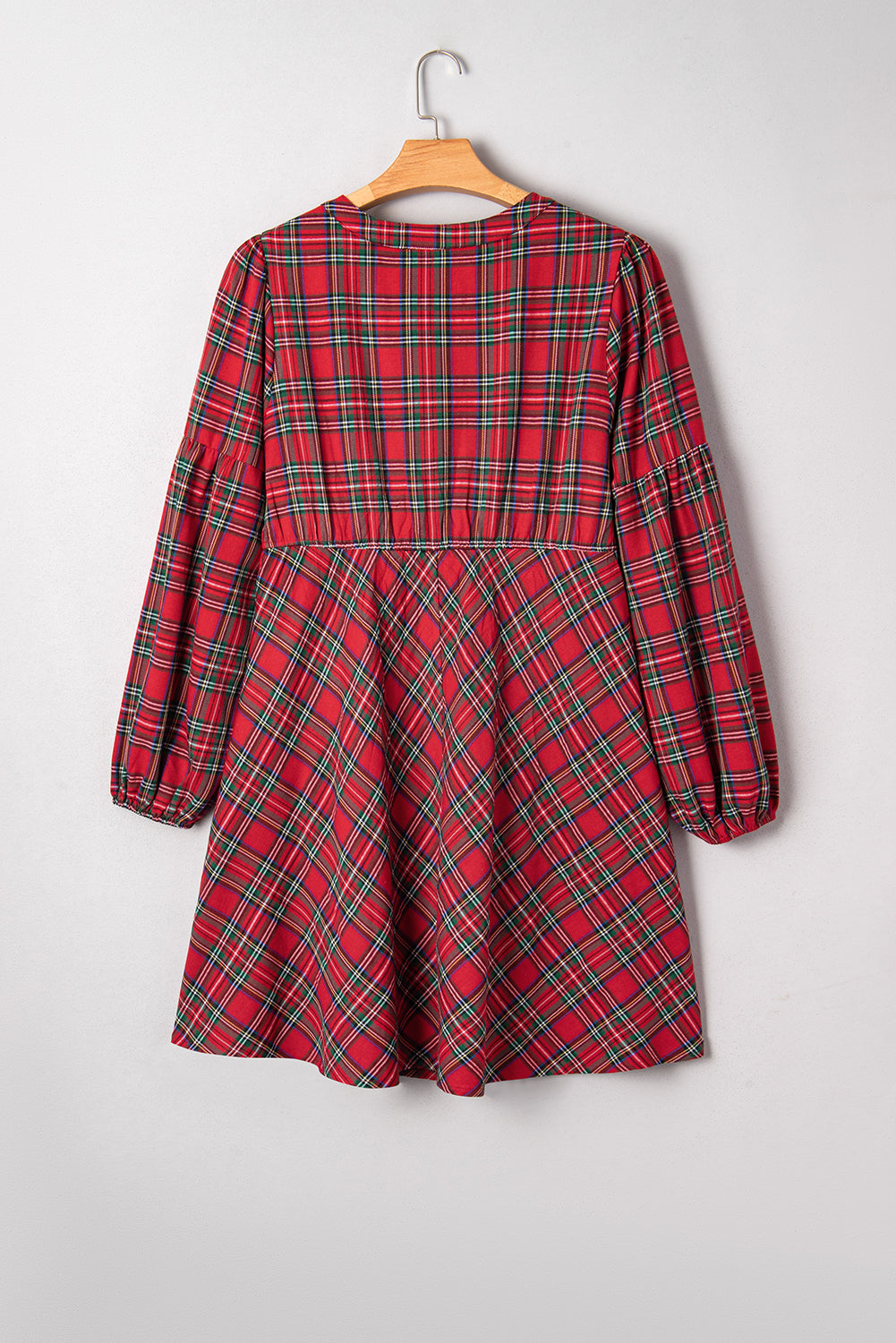 Red Plus Size Plaid Half Button Long Sleeve Holiday Dress