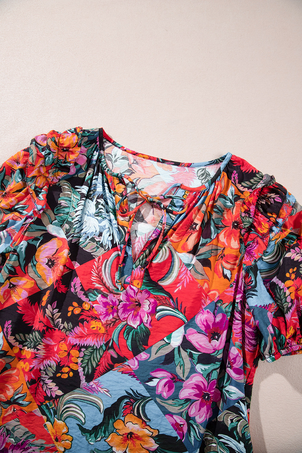 Multicolour Floral Print Ruffle Trim Bubble Sleeve Split Neck Blouse