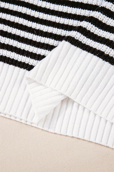 Black Stripe Zip up Collar Drop Shoulder Sweater