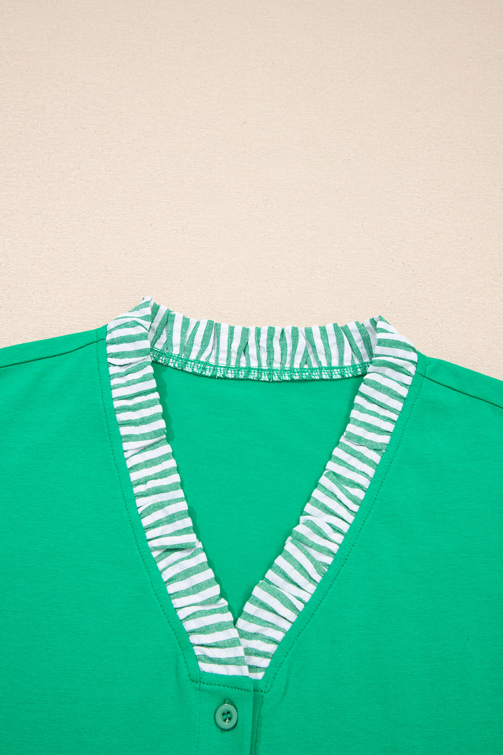Dark Green Plus Size Button Front Ruffled Stripe Trim V Neck Flutter Sleeve Blouse